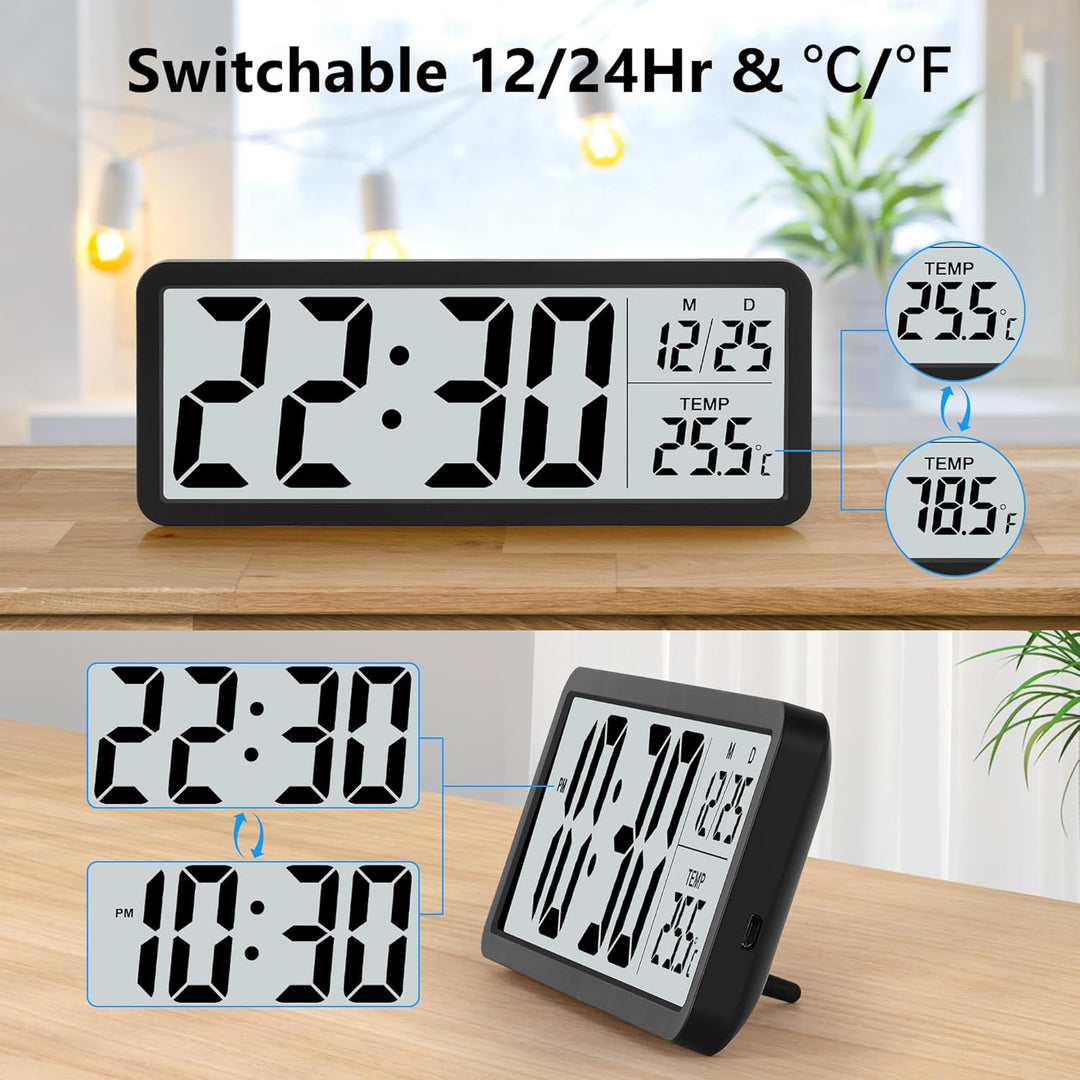 Sukeen Digitale Wanduhr Batteriebetrieben, Wanduhr Digitaluhr mit Grossen Ziffern, Temperatur, 12/24