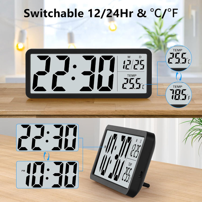 Sukeen Digitale Wanduhr Batteriebetrieben, Wanduhr Digitaluhr mit Grossen Ziffern, Temperatur, 12/24