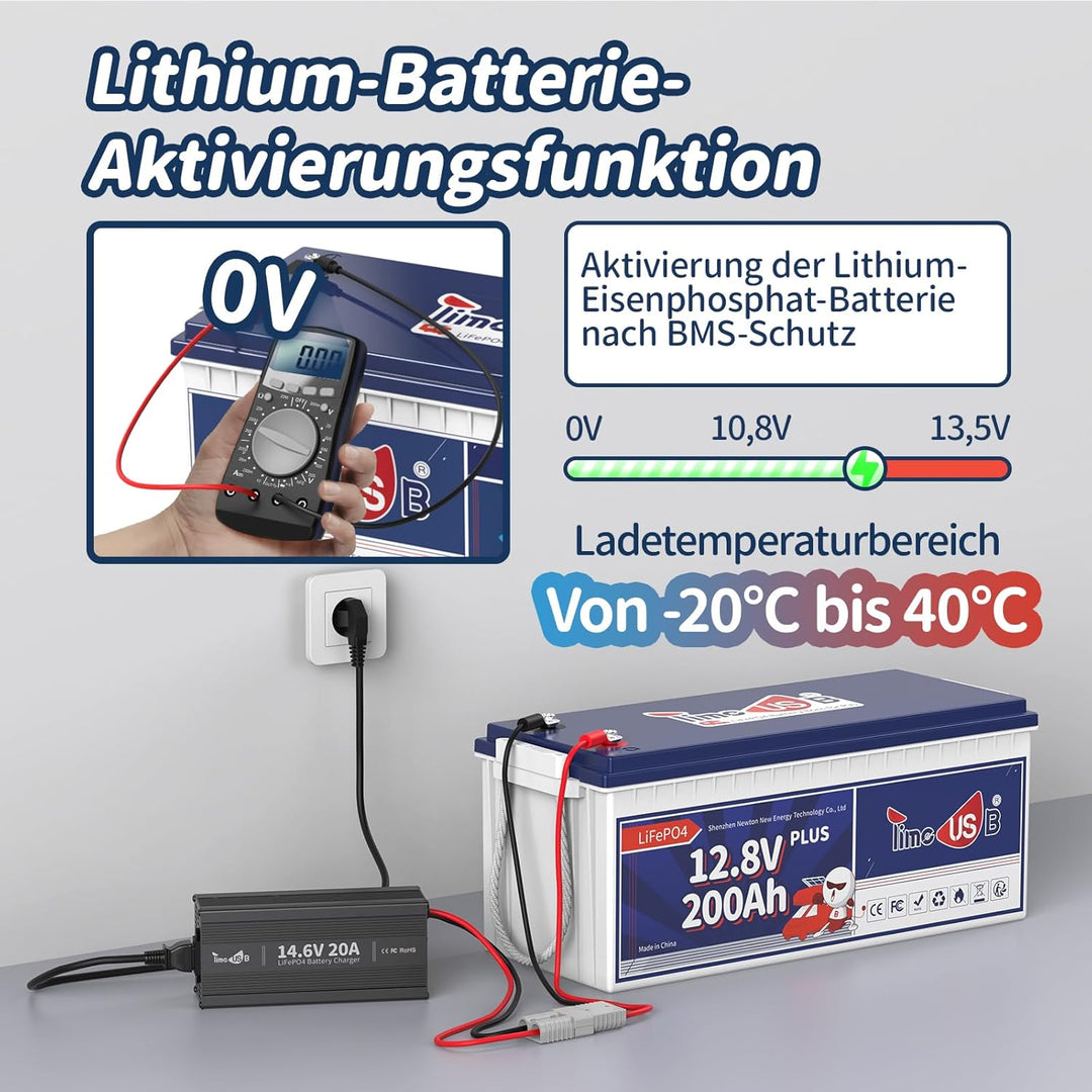 Timeusb LiFePO4 ladegerät 14,6V 20A Batterieladegerät 12V für Lithium-Eisenphosphat-Batterie, Schnel