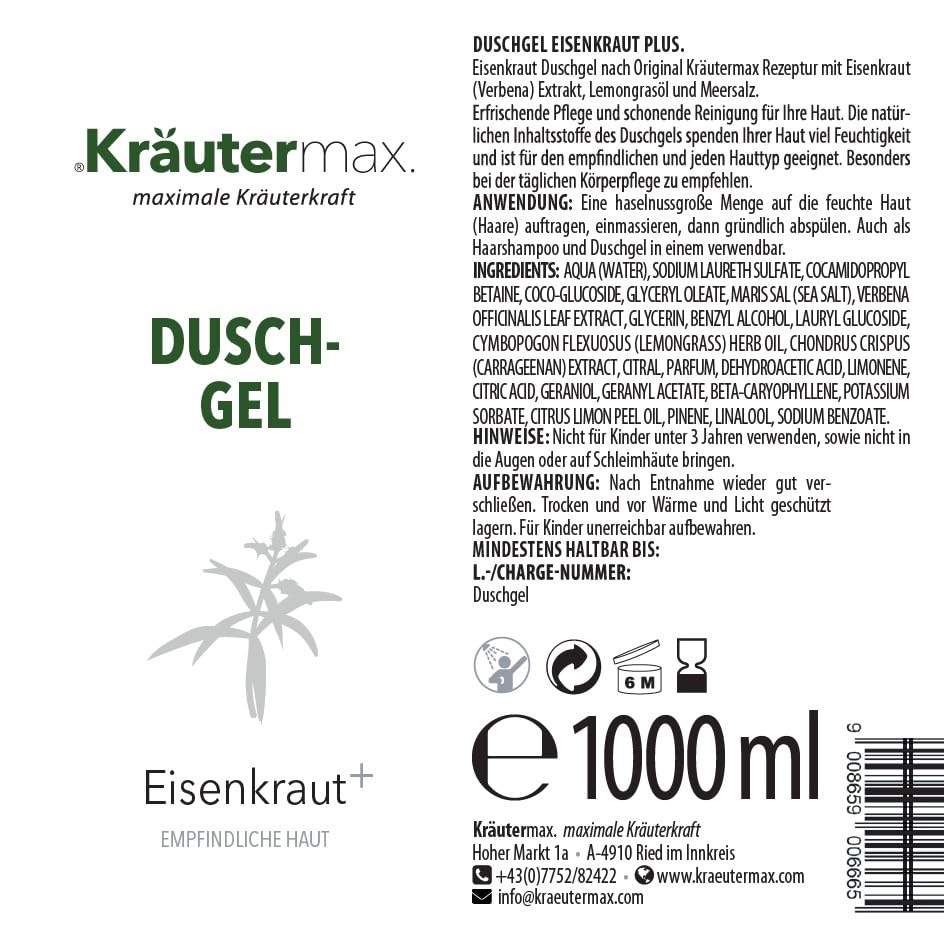 Eisenkraut Duschgel auch als Shampoo Seife Flüssig und Flüssigseife 1 x 1000 ml