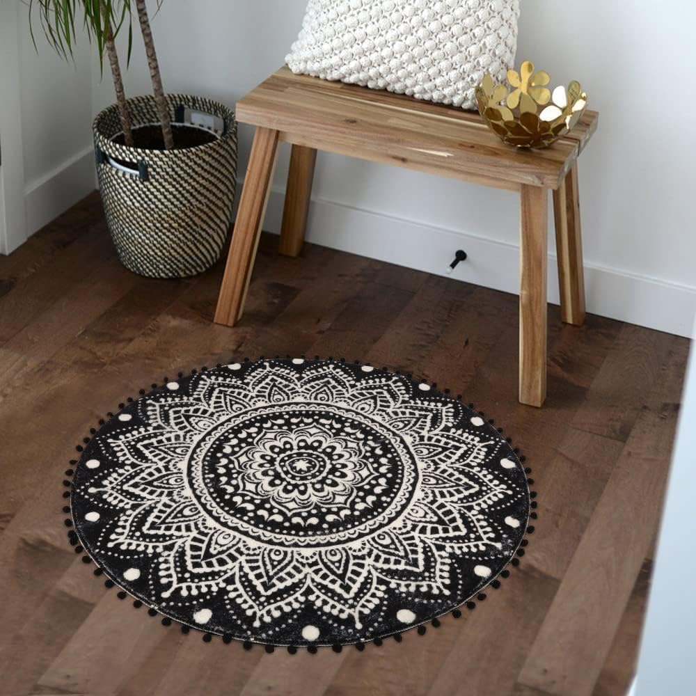 Uphome Kleiner runder Teppich, 5,8 cm, schwarz, Mandala, Boho, Badezimmerteppiche mit Pompons, Frans