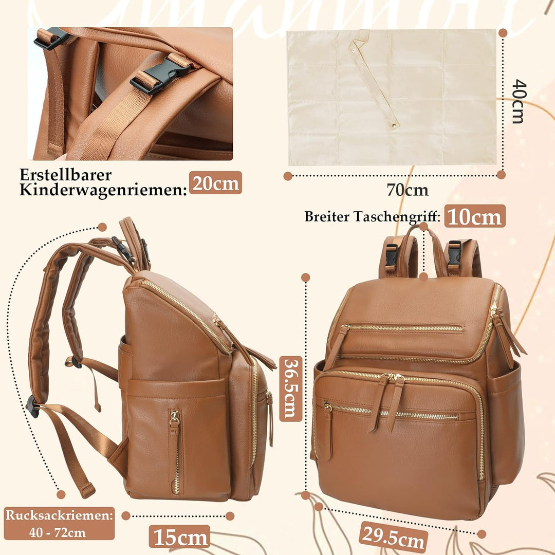 MISS FONG Baby Wickelrucksack Wickeltasche, Leder Rucksack mit Multifunktions-Babytaschen, 19 Wickel