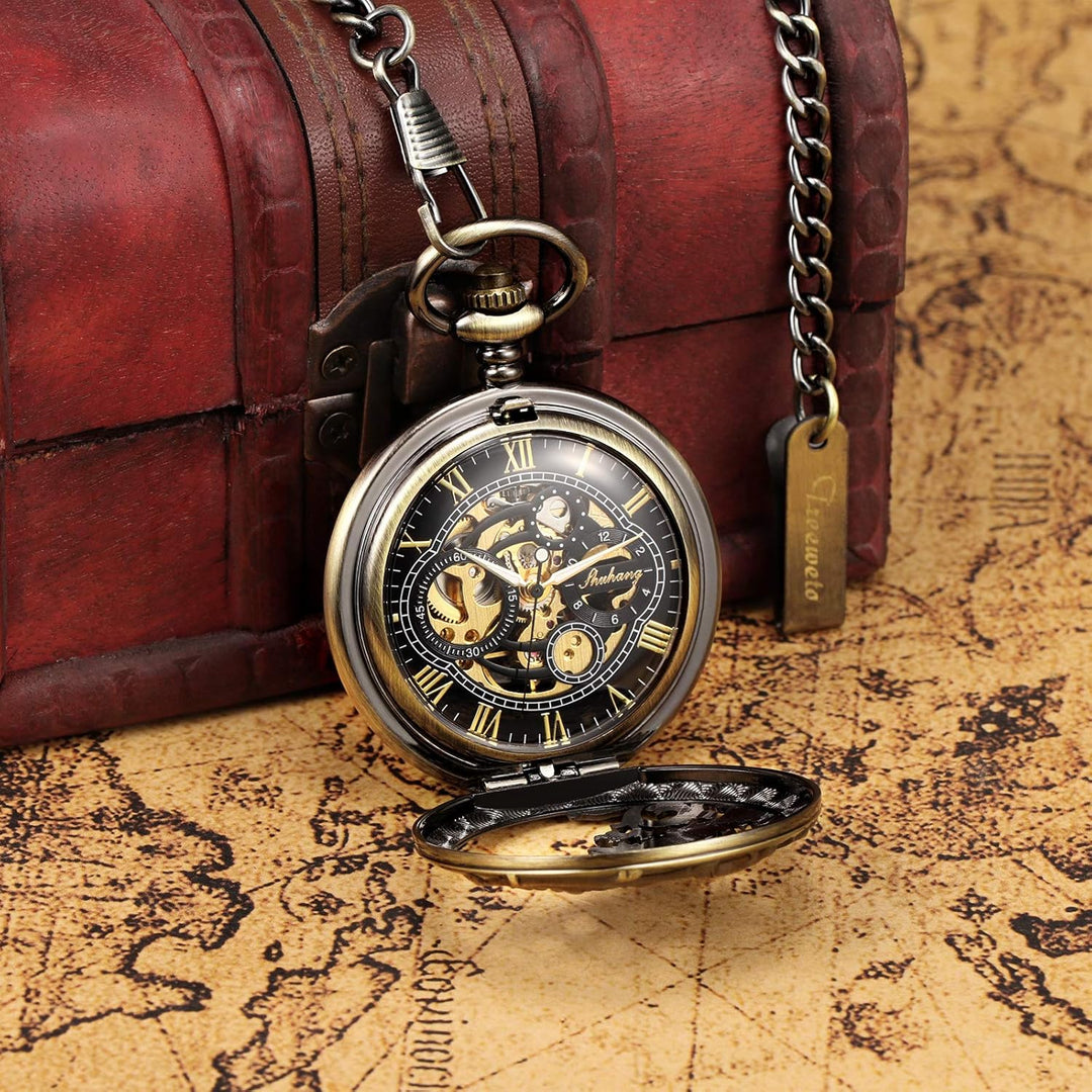 TREEWETO Unisex Taschenuhr mit Kette Analog Handaufzug Doppelscharnier Antik Drache Skelett Bronze 2