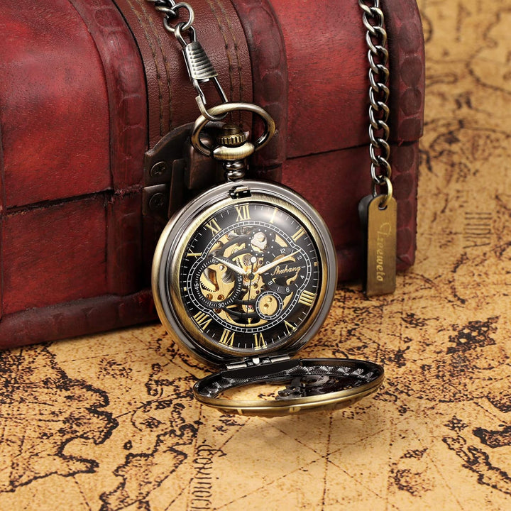 TREEWETO Unisex Taschenuhr mit Kette Analog Handaufzug Doppelscharnier Antik Drache Skelett Bronze 2