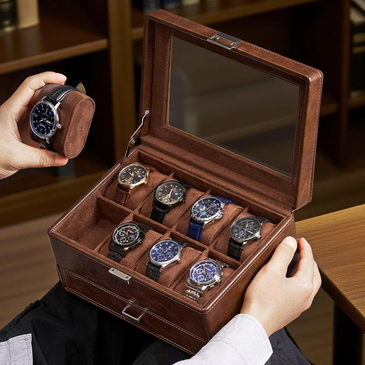 ProCase 8 Slot Uhrenbox, Uhrenkasten mit Glasdeckel Uhrenkissen, Uhrenkoffer für Schmuck Ringe Armbä