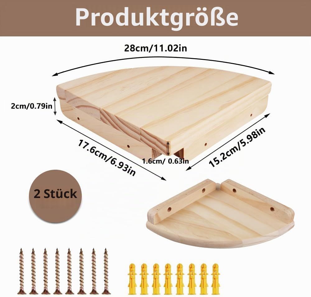 Eckregal Hängeregal,2er-Set 18cm Eiche Massivholz Eckregal runde Enden Wandregal Holz Vintage Landha