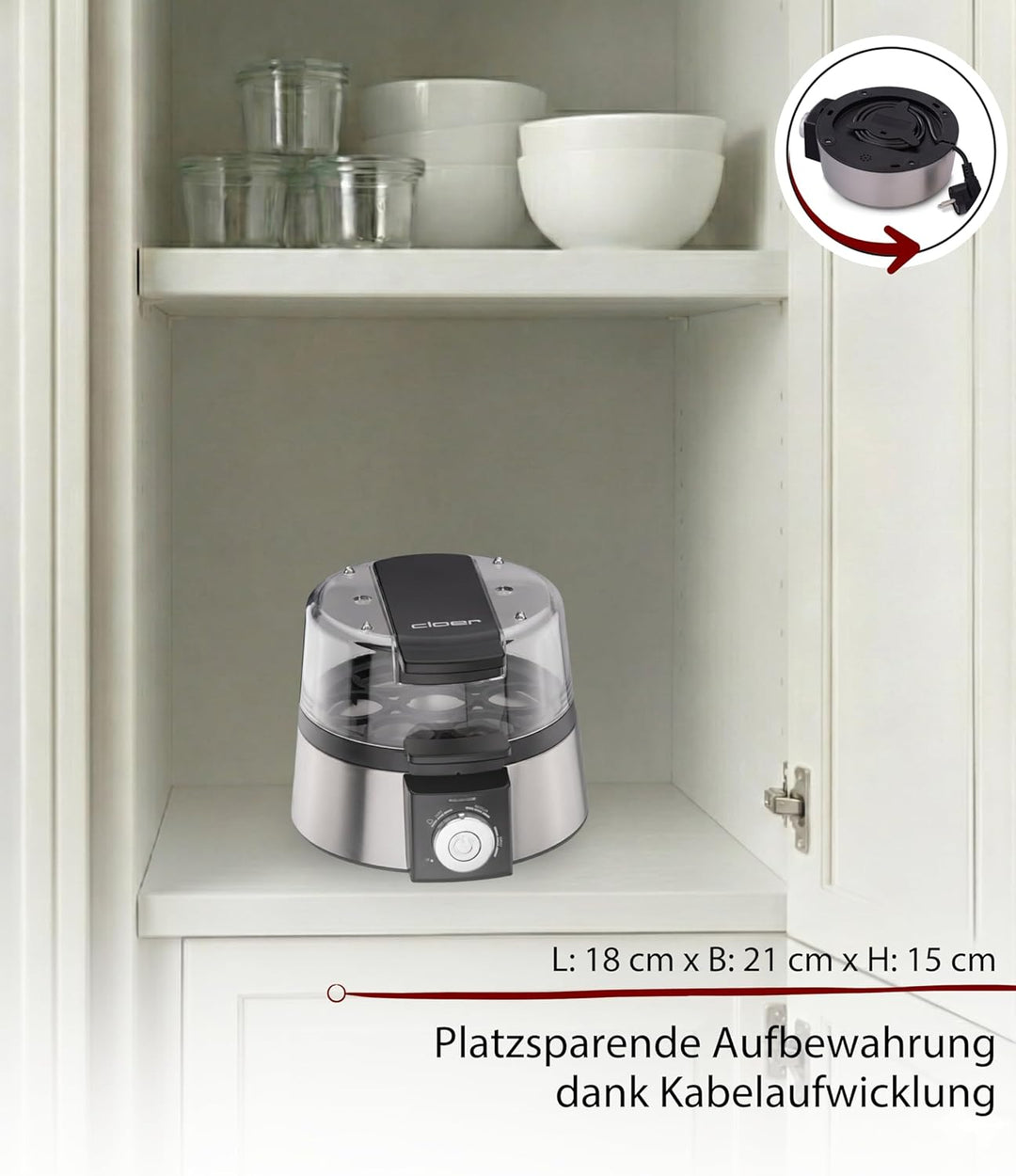 Cloer 6070 Elektronischer Eierkocher für bis zu 7 Eier, Weiterkochfunktion, akustische Fertigmeldung