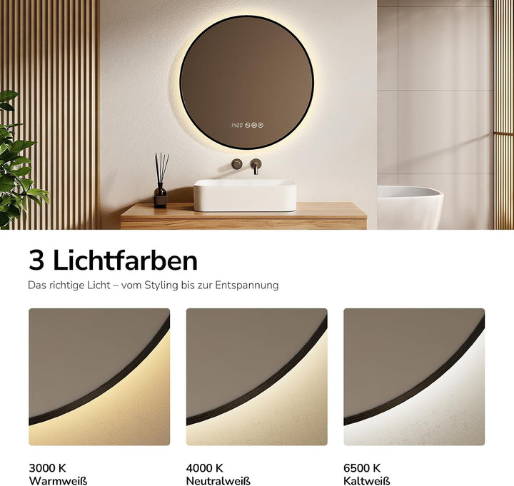 EMKE LED Badspiegel Rund ф80cm Spiegel mit Beleuchtung Runder Badspiegel Schwarzer mit Touch, Antibe