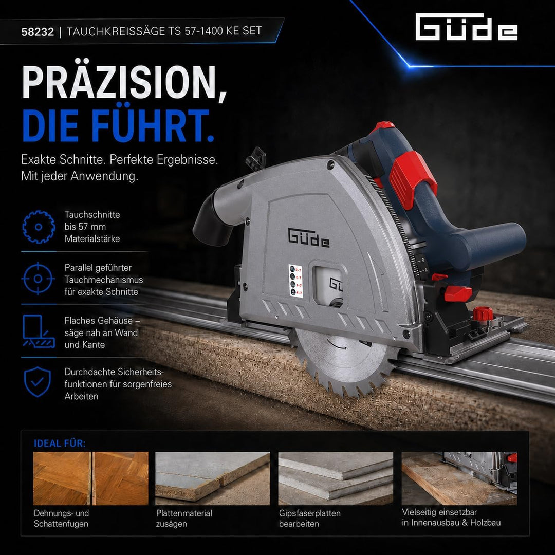 Güde 58232 Tauchkreissäge TS 57-1400 KE Set (1400 W, Sägeblatt-Ø 165 mm, Paralleler Tauchmechanismus