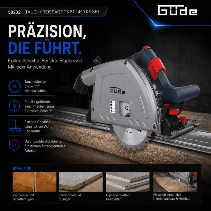Güde 58232 Tauchkreissäge TS 57-1400 KE Set (1400 W, Sägeblatt-Ø 165 mm, Paralleler Tauchmechanismus