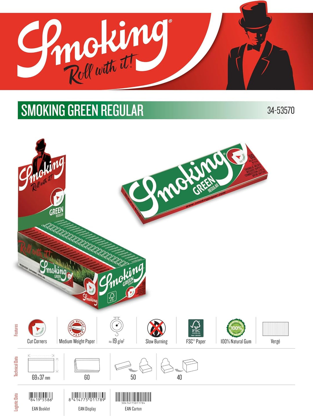 Zigarettenpapier Display Smoking No. 8 Green (50x60 Bl)