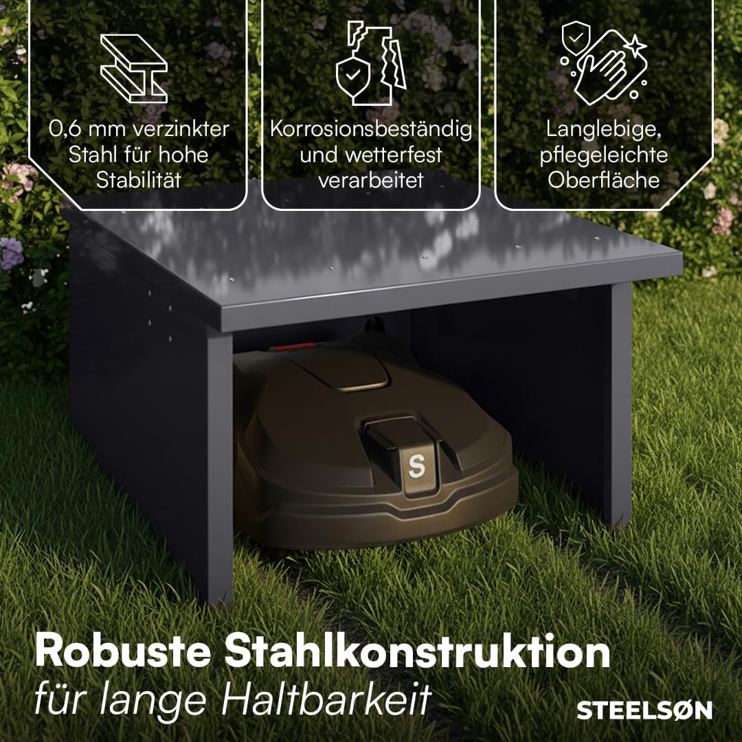STEELSØN Drakon Mähroboter Garage aus Stahl - Mähroboterhaus mit Pultdach für Garten Witterungsbestä