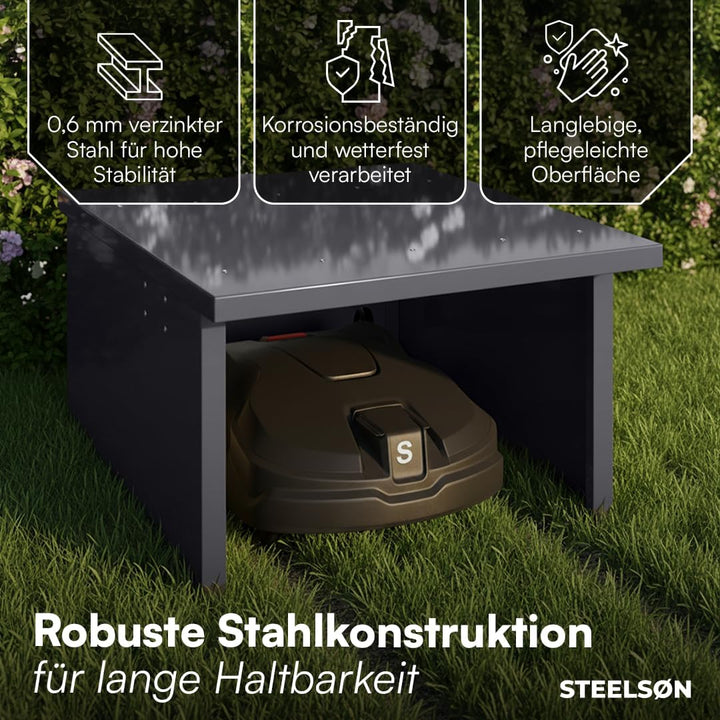 STEELSØN Drakon Mähroboter Garage aus Stahl - Mähroboterhaus mit Pultdach für Garten Witterungsbestä