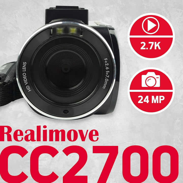 AgfaPhoto Realimove CC2700 – Caméscope Numérique, Vidéo 2.7K, 24MP, Écran Tactile 3’’, Zoom 18X, Tél