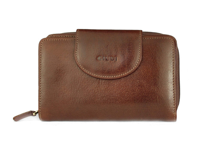 GIUDI ® Geldbörse Damen, Rindsleder, Vintage, Mittel-Gross, Mit vielen Fächern (Braun)
