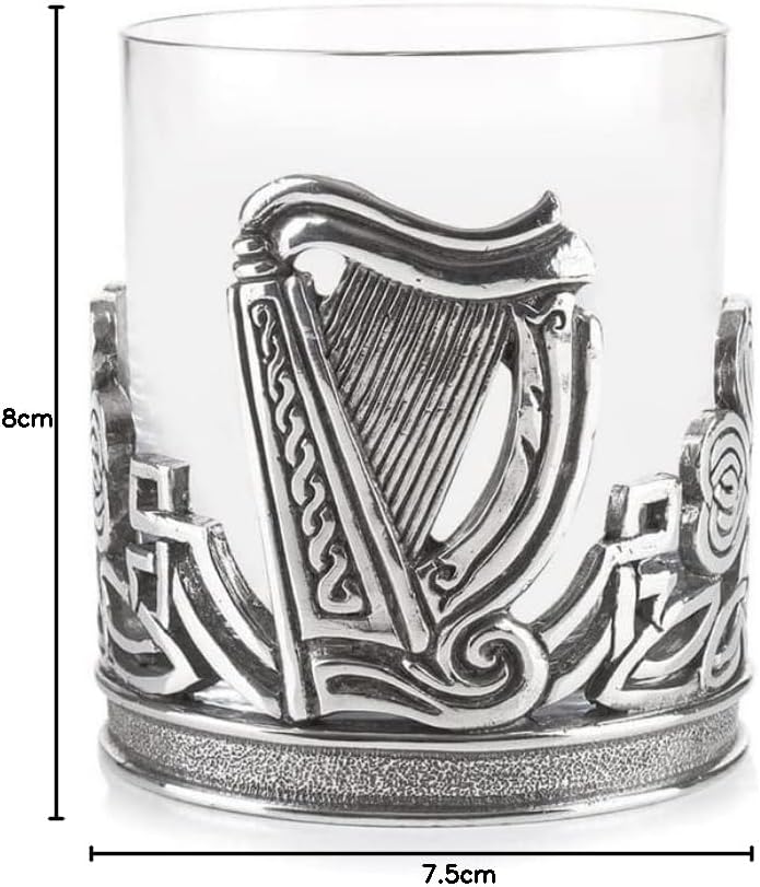 AE Williams Whiskyglas mit irischem keltischem Kleeblatt und Harfe aus Zinn Celtic Shamrock and Harp