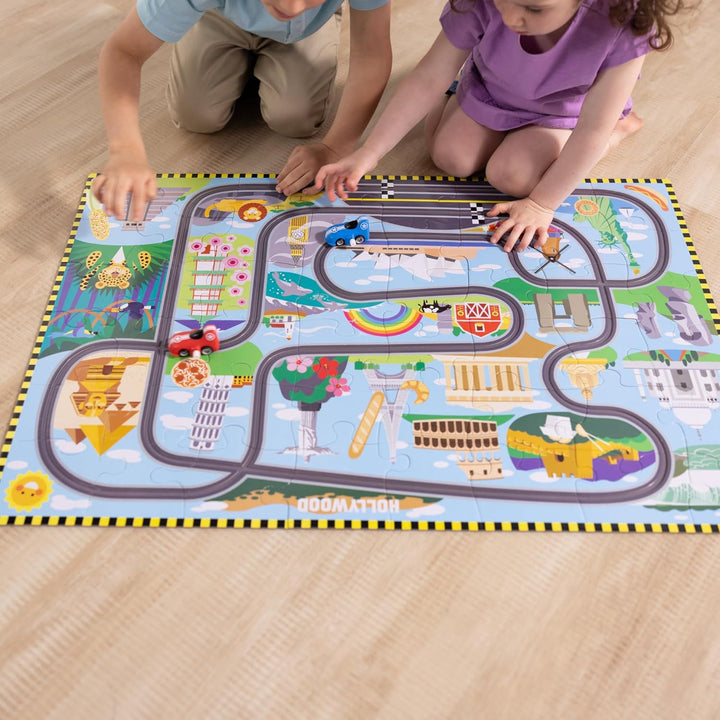 Melissa & Doug Bodenpuzzle Autorennen Rund um die Welt inkl. 2 Spielautos | 50-teilig| 91,4 x 68 cm