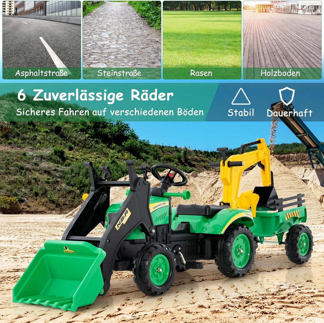 DREAMADE Trettraktor, Kindertraktor mit Anhänger & Schaufel & Frontlader, Kinderbagger Sitzbagger mi