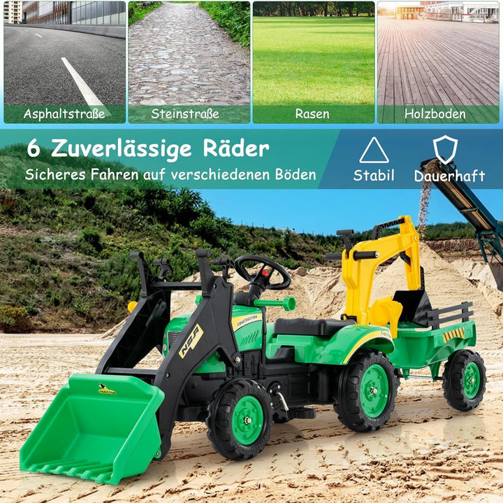 DREAMADE Trettraktor, Kindertraktor mit Anhänger & Schaufel & Frontlader, Kinderbagger Sitzbagger mi