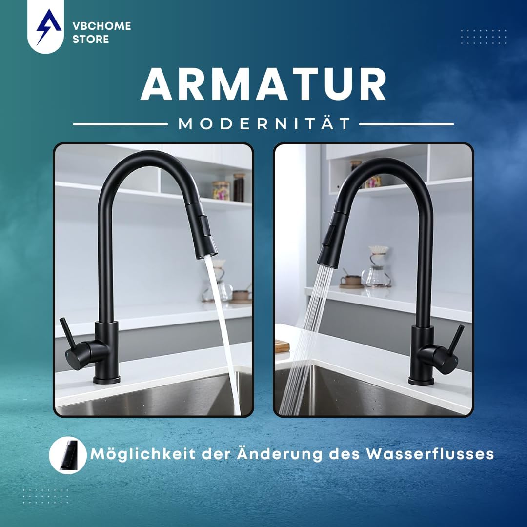 VBChome Küchenarmatur Schwarz mit ausziehbarem Auslauf, 360° drehbar, mit Knopf für Strahlarten – mo