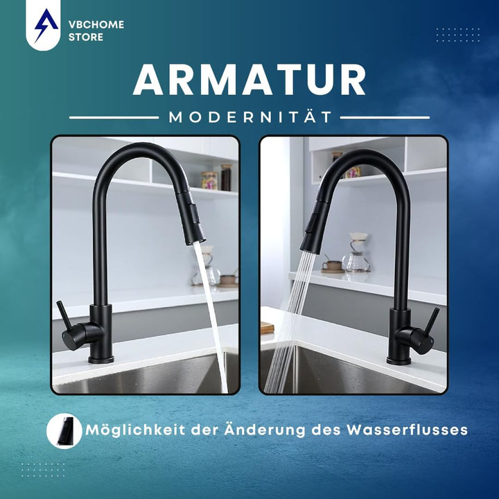 VBChome Küchenarmatur Schwarz mit ausziehbarem Auslauf, 360° drehbar, mit Knopf für Strahlarten – mo