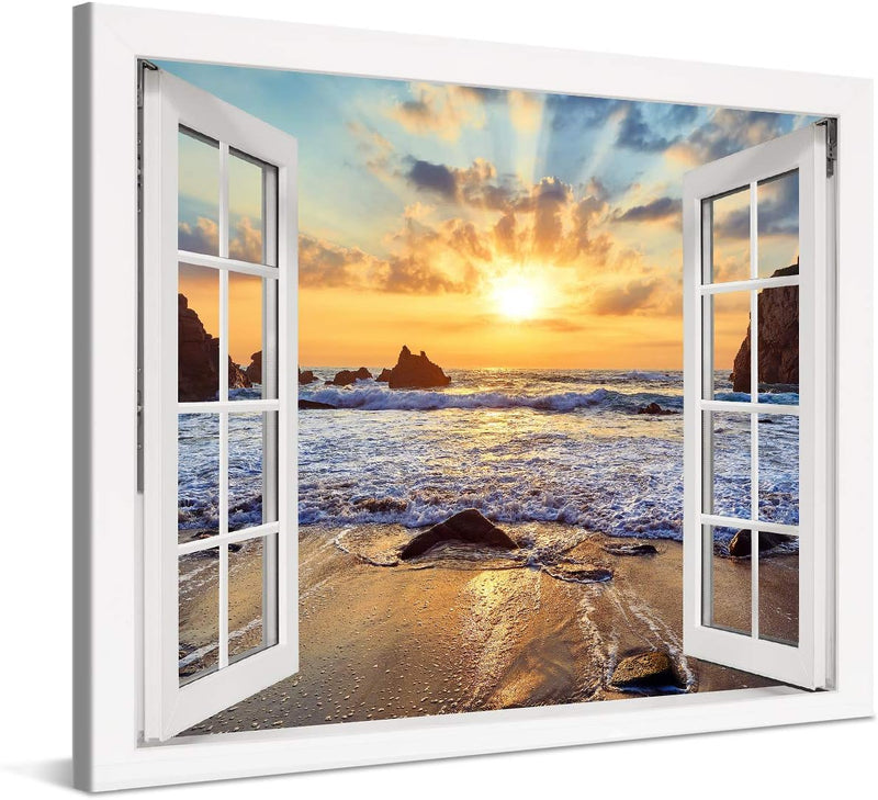 PICANOVA – Bild auf Leinwand Felsiger Strand Sonnenuntergang Fenster 100x75cm – Leinwandbild – Premi