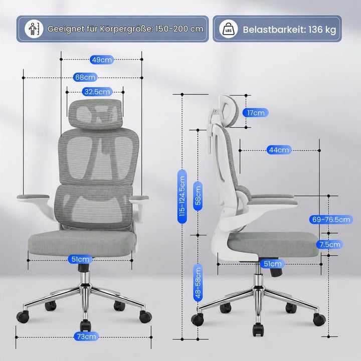 FLEXISPOT Ergonomischer Bürostuhl, Schreibtischstuhl mit 2D-Kopfstütze, Klappbare Armlehnen &amp; Dynami