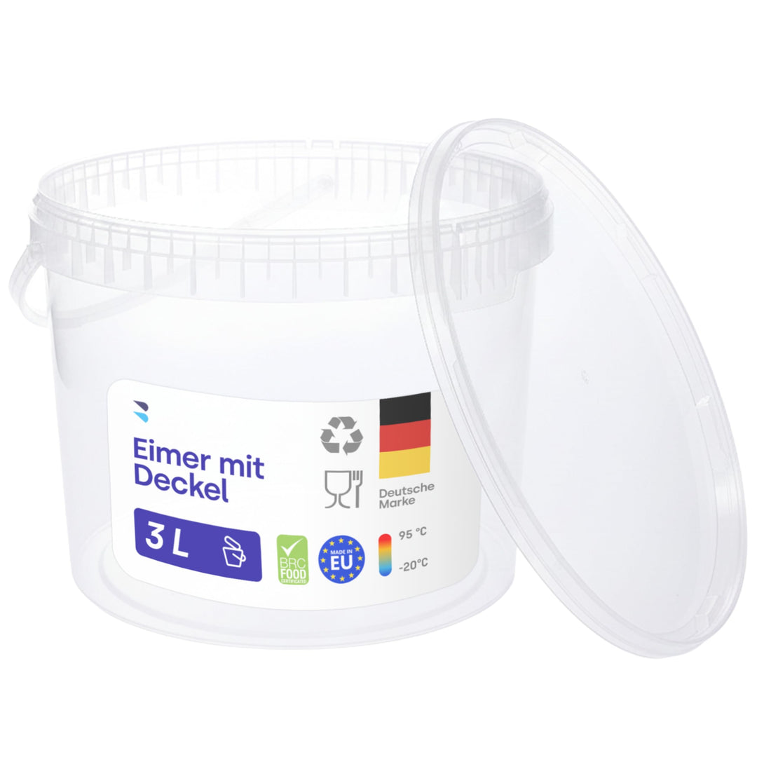 BenBow Eimer mit Deckel 3l transparent 20x 3 Liter - lebensmittelecht, stabil, luftdicht - Plastikei