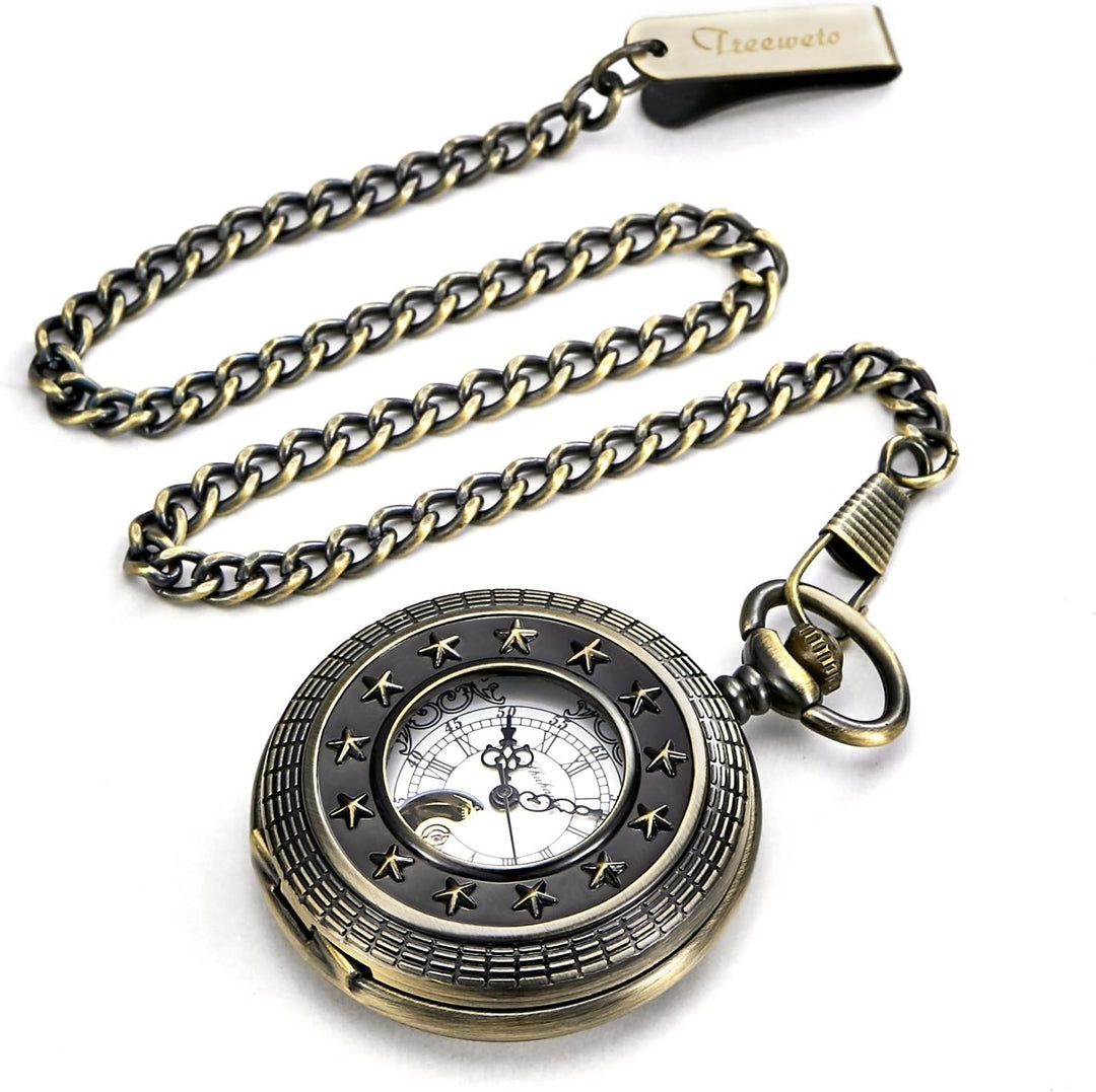 TREEWETO Unisex Taschenuhr mit Kette Analog Handaufzug Antik Römische Ziffern Bronze