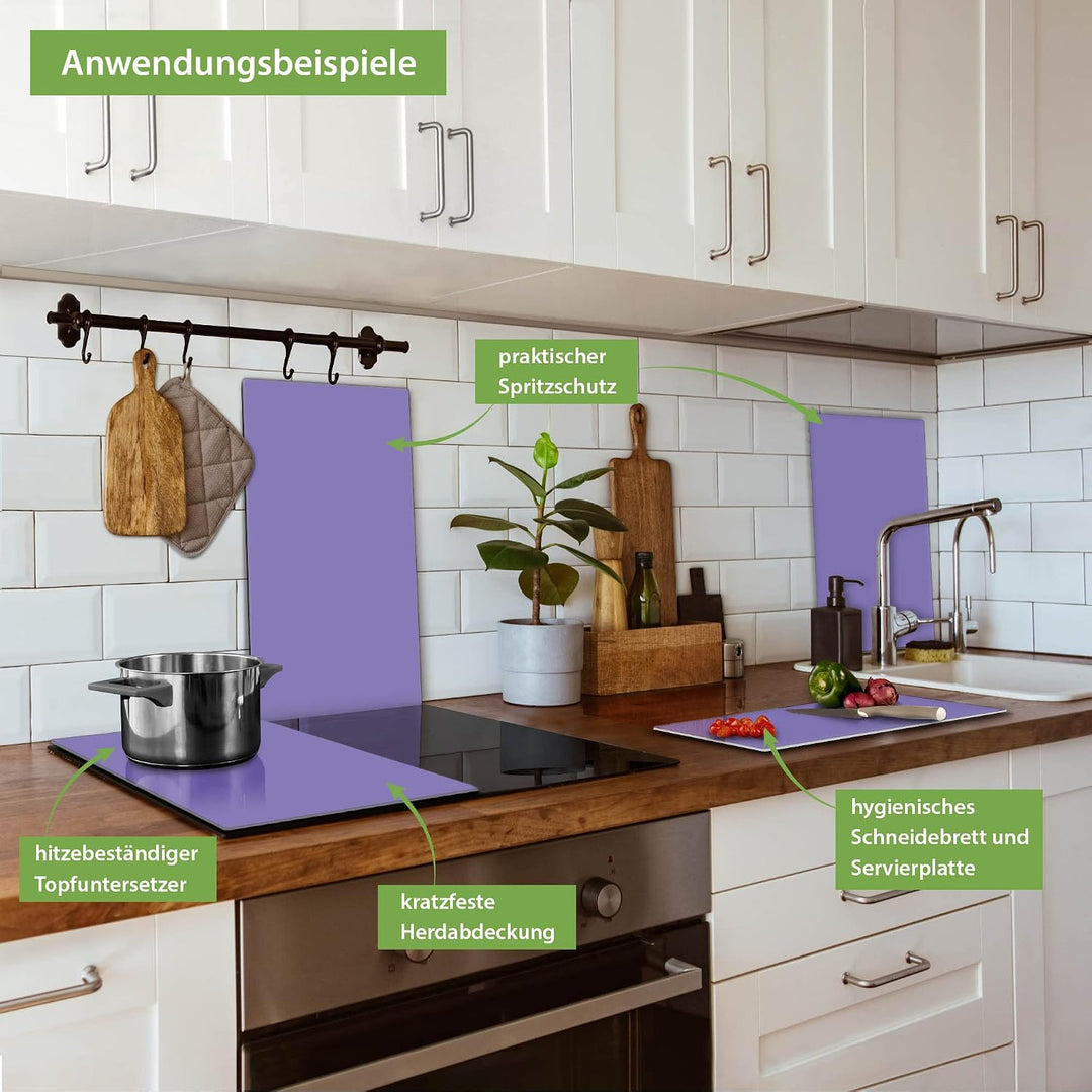 banjado® Herdabdeckplatte Glas 2-teilig je 30x52 cm/Schneidebrett Herdabdeckung mit Motiv Lavendel/H