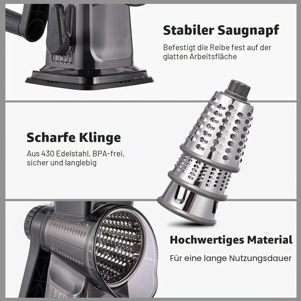 Käsereibe mit Kurbel, Gemüsehobel 3 Edelstahl Austauschbaren Trommelklingen, Schnelles Schneiden Gem