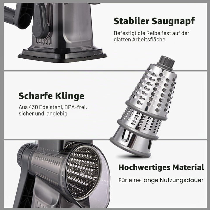 Käsereibe mit Kurbel, Gemüsehobel 3 Edelstahl Austauschbaren Trommelklingen, Schnelles Schneiden Gem