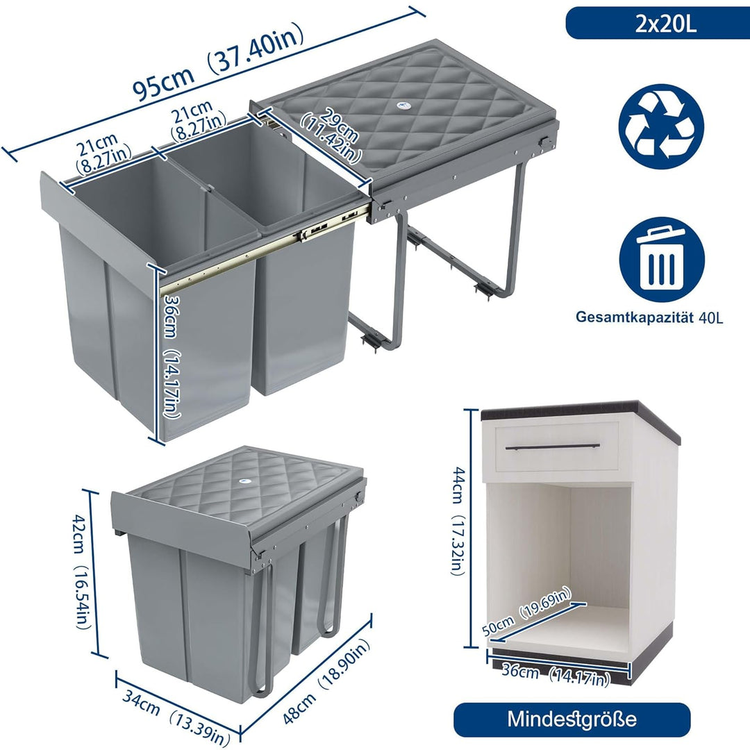 HENGMEI Einbaumülleimer Unterschrank Einbau-Mülleimer Küche Abfalleimer Ausziehbarer Abfallsammler M