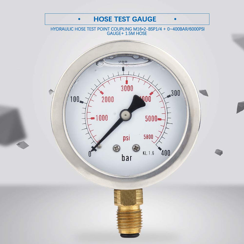 Hydraulisches Manometer-Set, hydraulischer Druckprüfer M16 x 2-BSP1/4 + 0 ~ 400 Bar/6000 PSI Hydraul