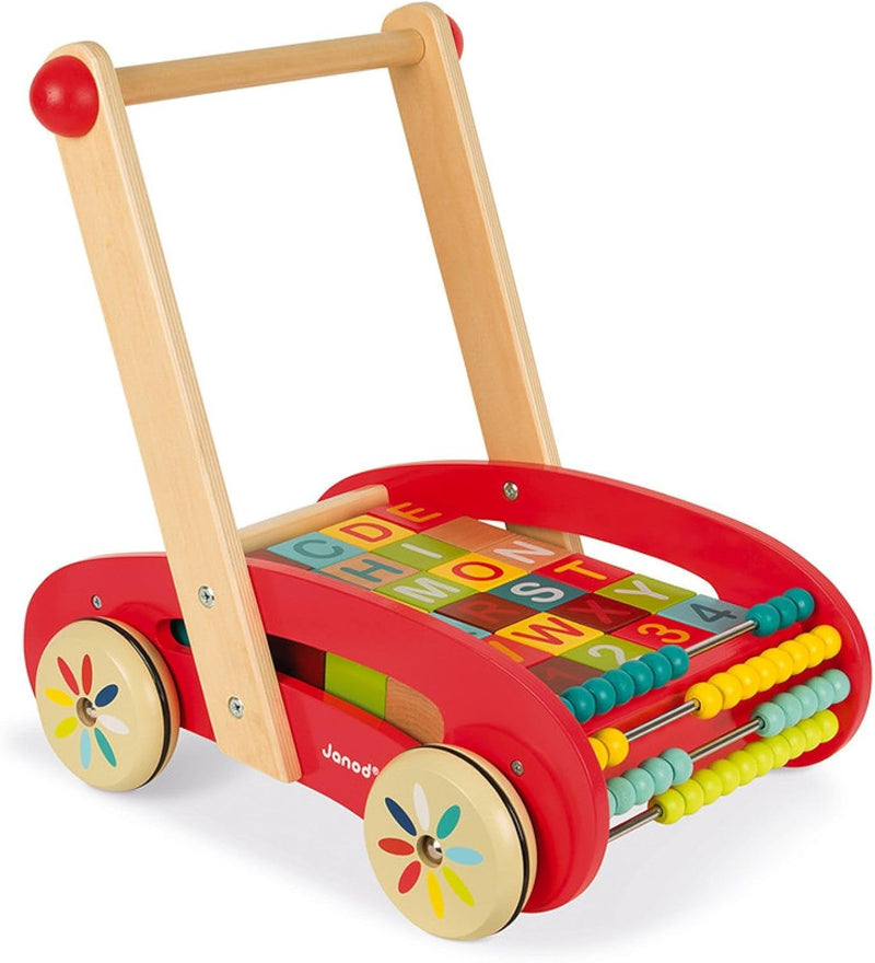 Janod - Tatoo Abc Buggy Wooden Walker for Children - 30 Blocks Included - For children from the Age