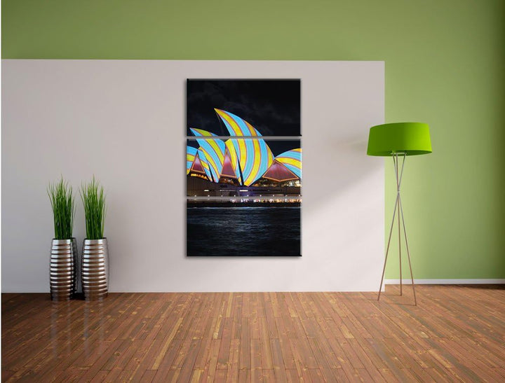 Pixxprint Sydney Opera House blau gelbe Streifen 3-Teiler Leinwandbild 120x80 Bild auf Leinwand