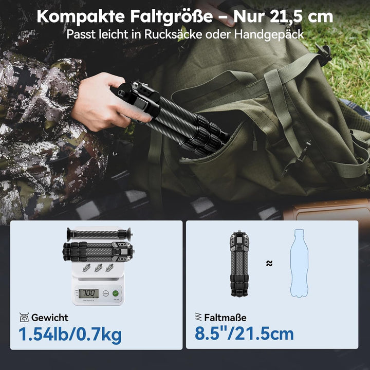 SIRUI AM-223S Mini Carbon Fiber Stativ mit SL-100S ausziehbarer Mittelsäule, max. Höhe 66 cm, Tragkr