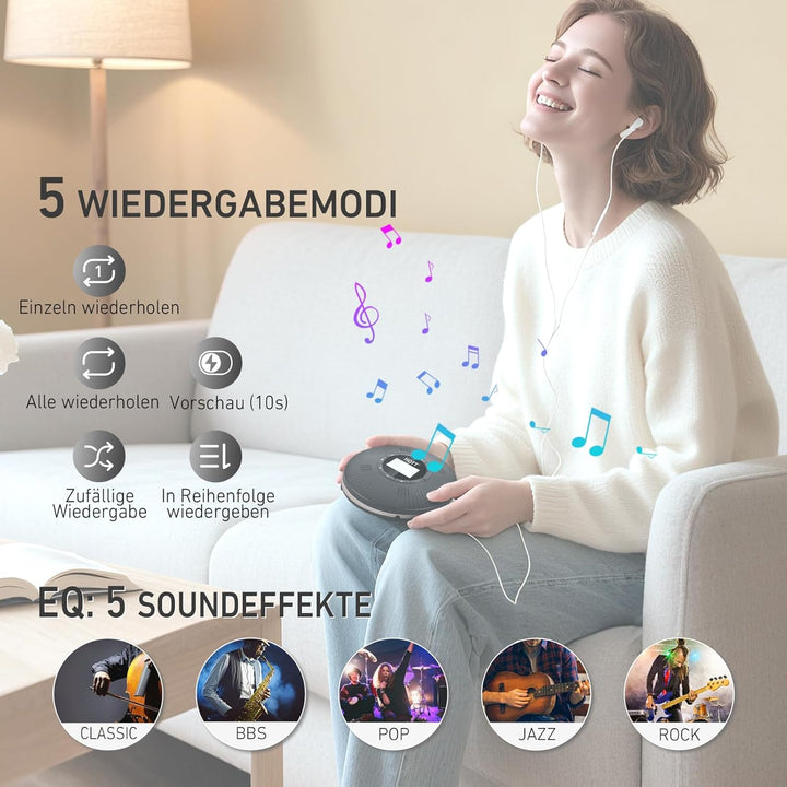 HOTT CD Player Tragbar Bluetooth CD-Player mit 4 Lautsprecher und FM-Transmitter, Tragbarer CD Playe