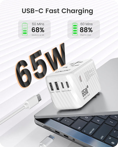 LENCENT Internationaler Reiseadapter, 65W GaN3 Universeller Adapter mit 2 USB A+3 Typ C PD, Weltweit