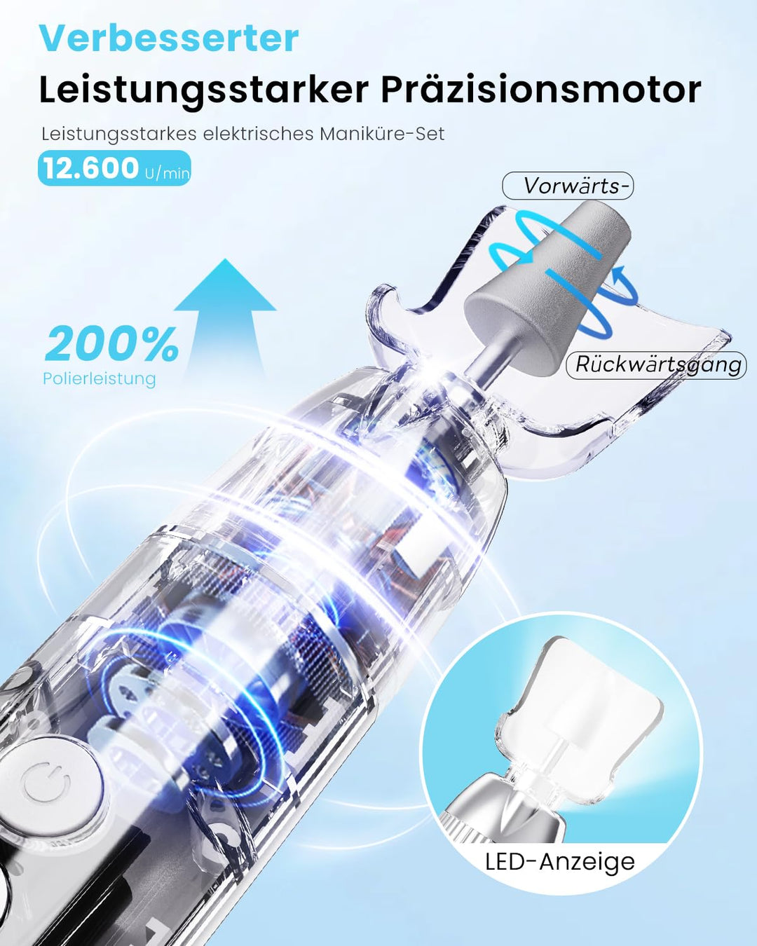 CozyZen Profi-Elektrische Nagelfräse, Akku-Nagelbohrer mit 10 Geschwindigkeiten & LED-Leuchte - Port