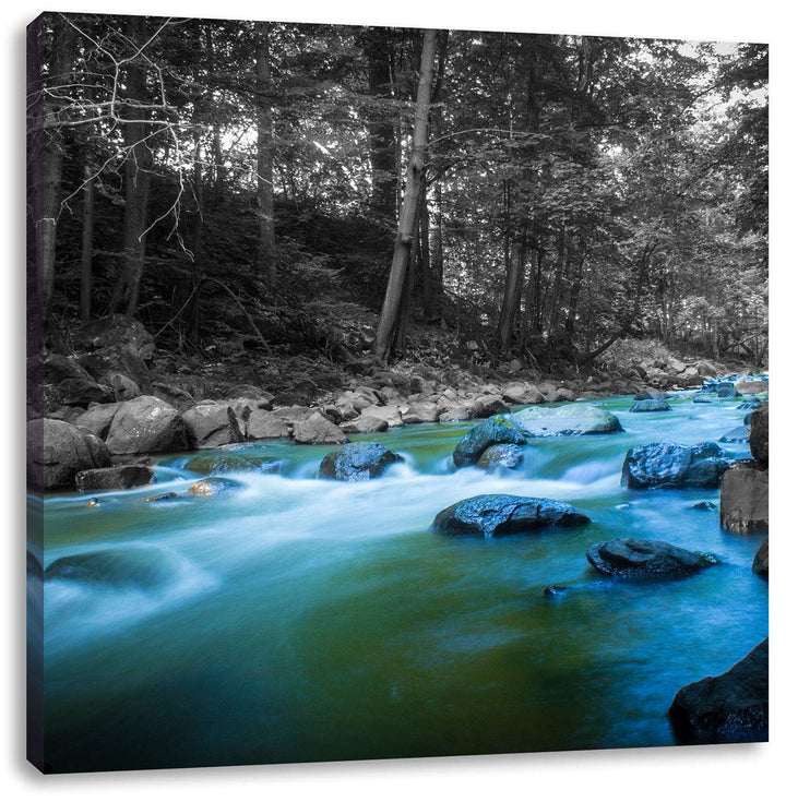 Pixxprint schöner Fluss im Wald mit Steinen schwarz/weiss, Format: 70x70 auf Leinwand, 70x70