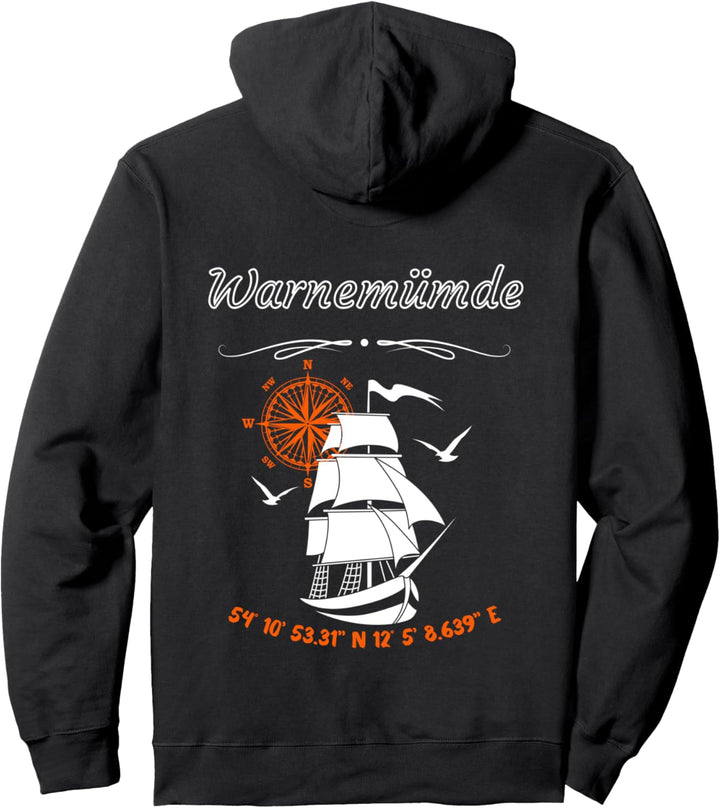 Warnemünde-Ostseebad-Kompass und Segelschiff Pullover Hoodie
