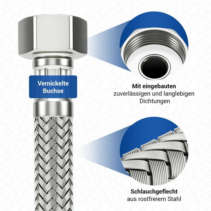 VIOKS Panzerschlauch 1/2 Zoll (19,3mm) 200 cm mit 1/2 Überwurf Beidseitig - Flexschlauch 1/2 Zoll ,