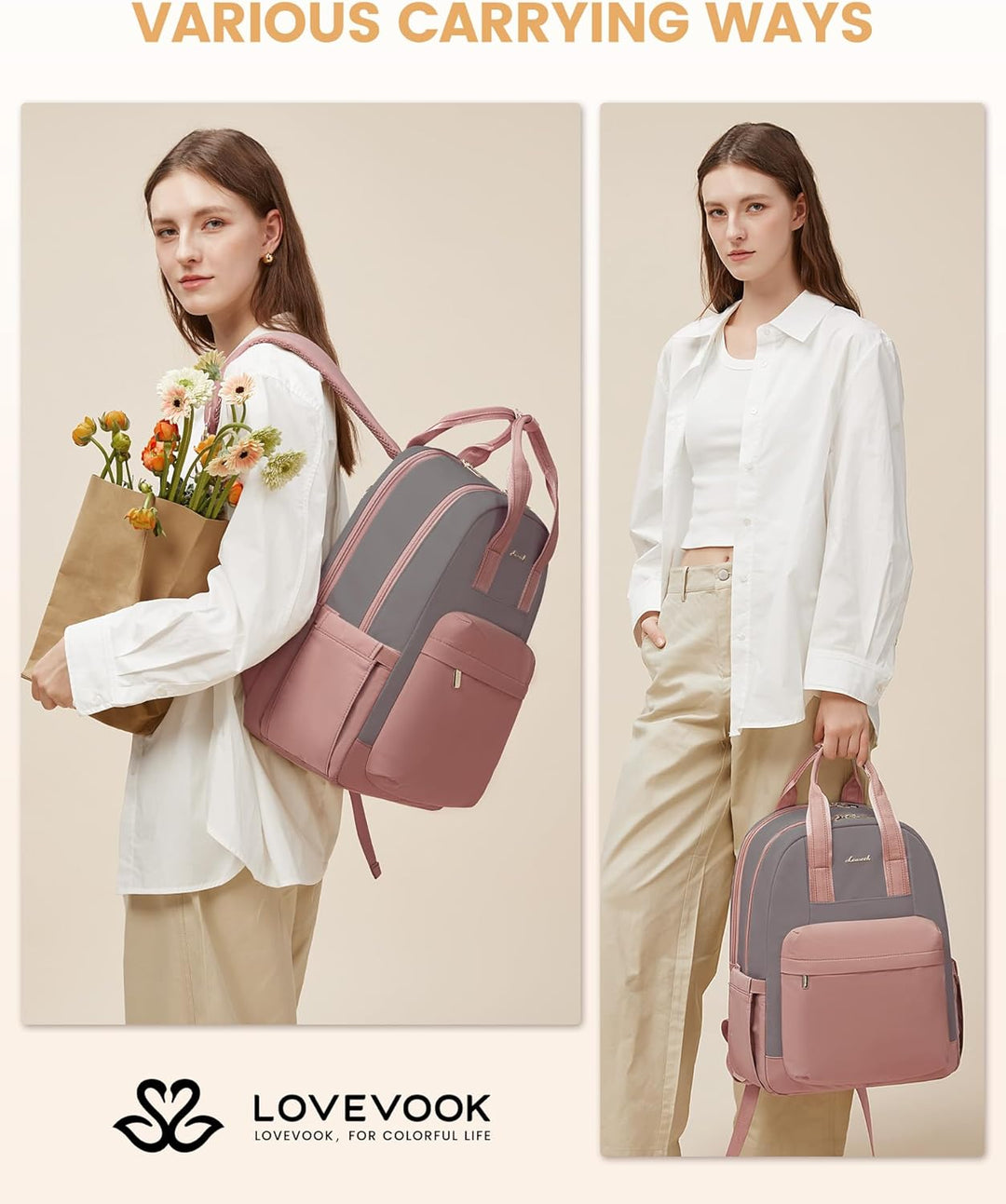 LOVEVOOK Rucksack Damen, 15,6 Zoll Laptop Schulrucksack Mädchen mit Laptopfach, Wasserdicht Tagesruc