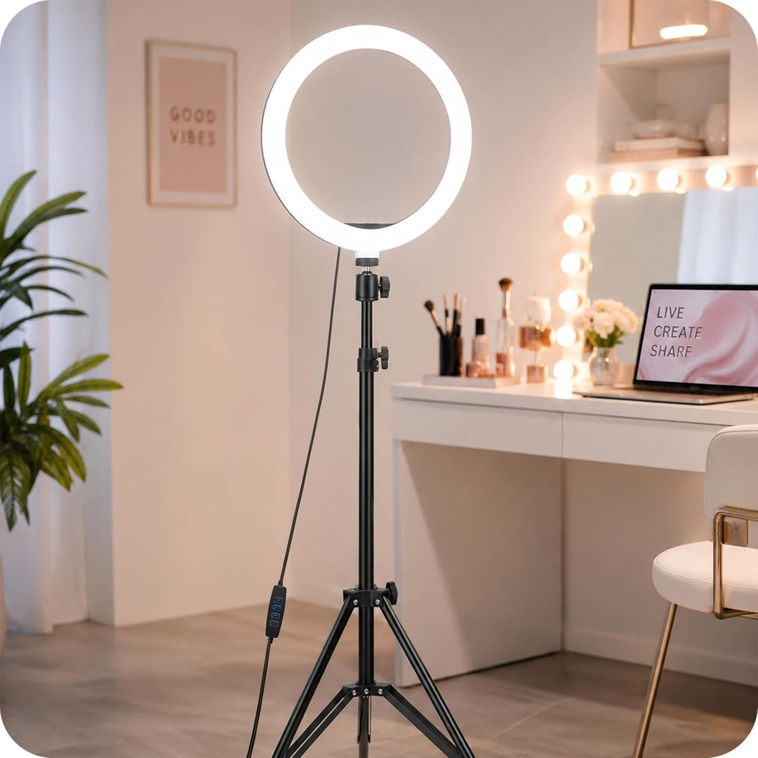 KRUMAD Ringlicht mit Stativ, LED Ringleuchte, Ringlampe, Selfie Licht | 3 Lichtfarben, mit Handyhalt