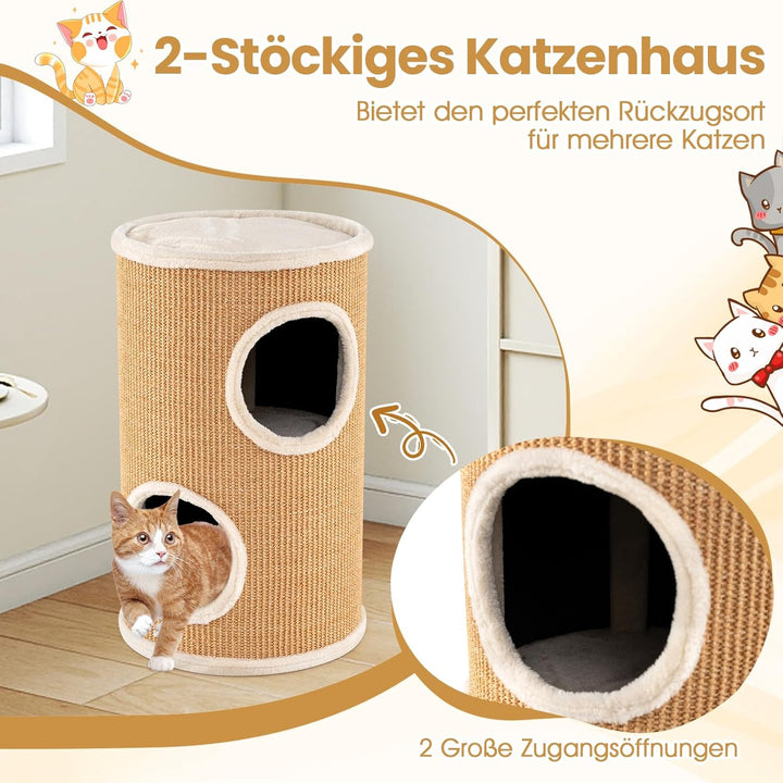 COSTWAY Kratztonne, Ø 36 cm, 59,5 cm hoch, Katzentonne mit Sisal-Kratzbrett, 3 Katzenhöhlen, Plüschb
