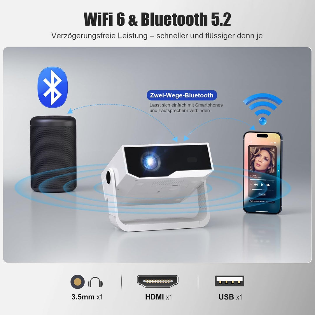 ZDK 2026 Upgrade Mini Beamer Integrierte Apps, Android 14, unterstützt 4K 1080P, Trapezkorrektur, WL