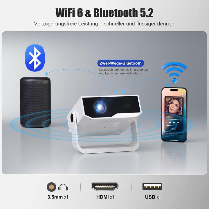ZDK 2026 Upgrade Mini Beamer Integrierte Apps, Android 14, unterstützt 4K 1080P, Trapezkorrektur, WL