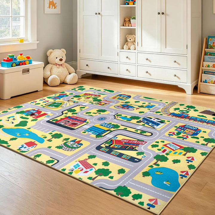 Capslpad Kinder Teppich Spielteppich für Kinder Stadt 150x200cm Rutschfest Kinderteppich Spielmatte
