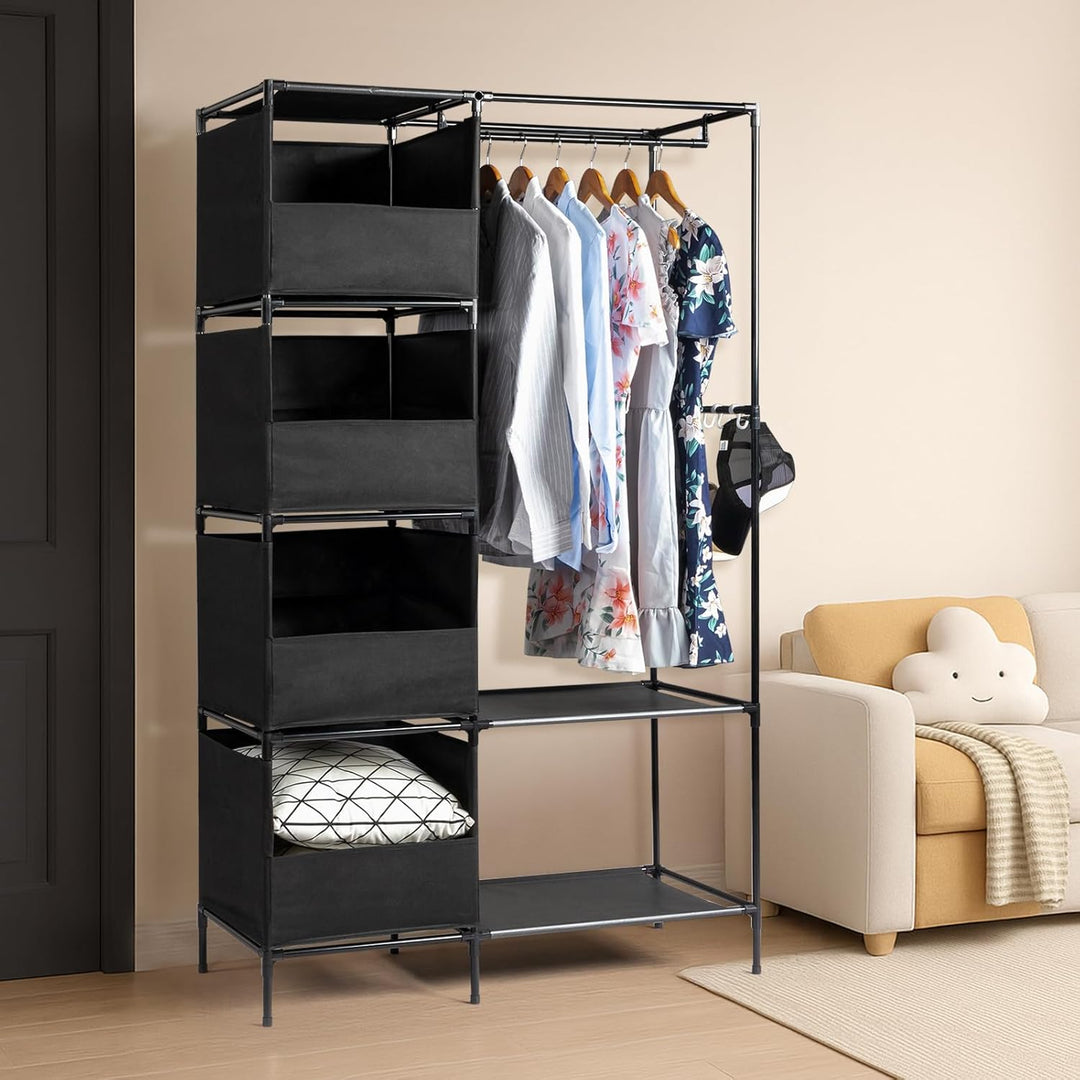 LEADZM Kleiderschrank offen, Kleiderständer freistehende Garderobe mit Kleiderstangen, Stoffablagen,
